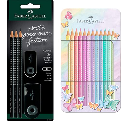 Faber-Castell 217059 - Bleistifte Set Sleeve, mit Spitzer, Radiergummi und 3 Bleistifte, Schreibset Grip 2001 schwarz & 201910 - Buntstifte Sparkle Pastell, 12er Metalletui von Faber-Castell