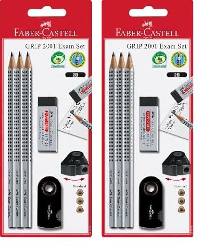 Faber-Castell 217079 - Bleistiftset Grip 2001 Exam mit 3 Bleistiften, 1 Radierer und 1 Spitzdose, silber/schwarz (Packung mit 2) von Faber-Castell