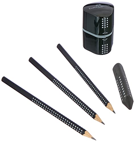 Faber-Castell 217093 - Bleistiftset GRIP 2001, mit 3 Bleistiften, 1 Radierer + 1 Spitzdose, schwarz von Faber-Castell