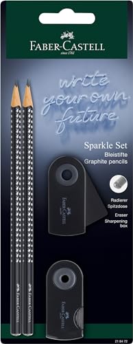 Faber-Castell 218472 - Bleistifte Set Sparkle, mit Spitzer, Radiergummi und 2 Bleistifte, Schreibset Sleeve in schwarz von Faber-Castell