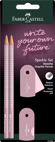 Faber-Castell 218480 - Bleistifte Set Sparkle, mit Spitzer, Radiergummi und 2 Bleistifte, Schreibset Sleeve in rose shadow von Faber-Castell