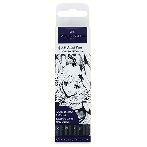 Faber-Castell 267121 Tuschestifte Set, Etui mit 4 Stiften, Feine Spitzen, Soft Brush und Soft Calligraphy in Schwarz, gut für präzises Zeichnen und kreative Manga-Kunstwerke von Faber Castell