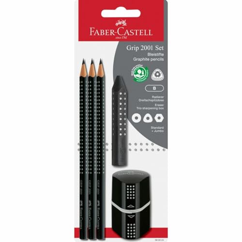Faber-Castell 580024 - Bleistifte Set Grip 2001, 5-teilig mit 3 Bleistiften, Radiergummi und Spitzer, schwarz von Faber-Castell
