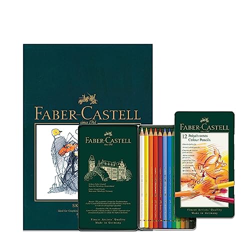 Faber-Castell A4-Skizzenblock und Dose mit 12 Polychromos Künstler-Buntstiften – Kunst-Set für Malbücher für Erwachsene, Bastelbedarf, Zeichnen, Skizzieren, lichtechte Bleistifte, Schulen, Zuhause, von Faber-Castell