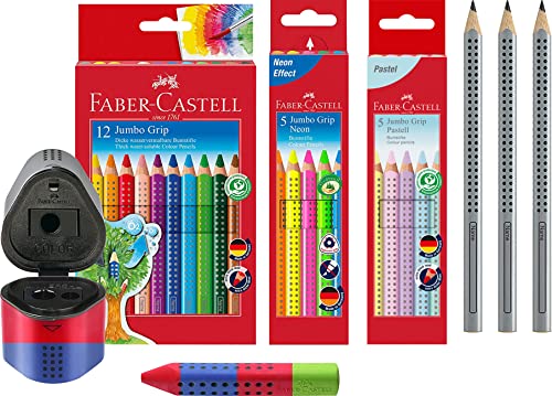 Faber-Castell - Farbstift Jumbo Grip Kartonetui 12er + 5er Etui Jumbo Grip Neonfarben + 5er Etui Pastellfarben + 3 Jumbo Bleistifte + Spitzdose und Radierer von Faber-Castell