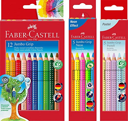 Faber-Castell - Farbstift Jumbo Grip Kartonetui 12er + 5er Etui Jumbo Grip Neonfarben + 5er Etui Pastellfarben von Faber-Castell