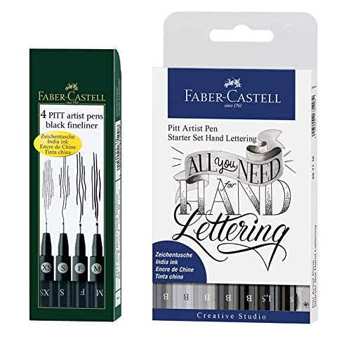 Faber-Castell Tuschestift Pitt Artist Pen 4er Packung, Inhalt: M, F, S, XS, schwarz inkl. 8er Hand Lettering von Faber-Castell