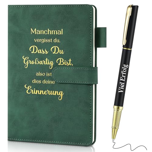 Faccito Dankeschön Geschenke Set A5 Leder Tagebuch mit Stift Inspirierendes Notizbuch Metall Motivation Stift mit Spruch Viel Erfolg Abschiedsgeschenk Notizblock für Kollegen Lehrer (Dunkelgrün) von Faccito