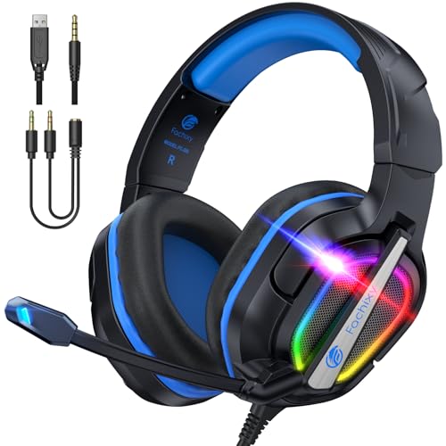 Fachixy FC-200 Faltbares Gaming-Headset für PS5, PS4, PC, Xbox, Super Nintendo (SNES), Headset mit ENC-Mikrofon, 3,5-mm-Gaming-Kopfhörer mit RGB-Licht, RGB Schwarz Blau von Fachixy