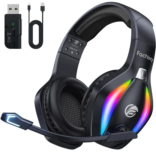 Fachixy「2025 Neu」FC100 Wireless Gaming Headset - 2.4GHz & Bluetooth Kopfhörer mit Mikrofon - 3D Stereo Sound & 40H+ Akkulaufzeit - Für PS4, PS5, PC, Mac, Tablets, Switch, Smartphones, schwarz von Fachixy