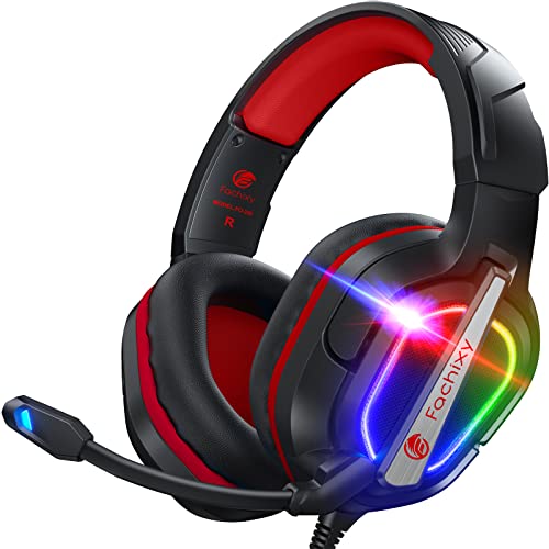 Fachixy「2024 New」 FC200 Gaming Headset für PS4/PS5/PC/Xbox/Nintendo Switch, PS4 Kopfhörer mit Kabel und RGB Licht, Stereo Surround Kopfhörer mit Mikrofon, Noise Cancelling Gamer Headphones - Rot von Fachixy