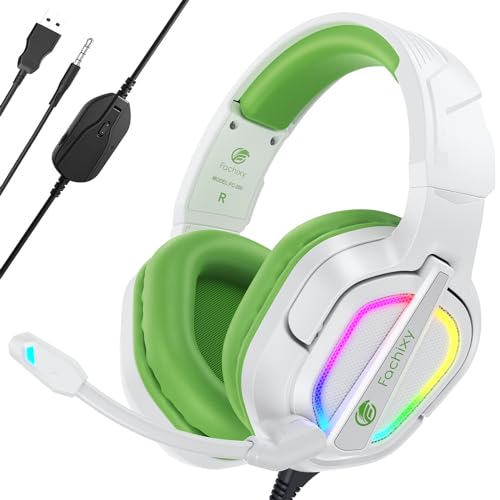 Fachixy「2024 New」FC200 Gaming-Headset für PS4/PS5/PC/Xbox One, Geräuschunterdrückung, Gaming-Kopfhörer, Headset mit Stereo-Mikrofon-Sound mit 3,5-mm-Klinkenstecker mit RGB-Licht - Weiß-Grün von Fachixy