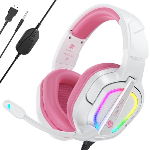Fachixy「2024 New」FC200 Gaming-Headset für PS4/PS5/PC/Xbox One, Geräuschunterdrückung, Gaming-Kopfhörer, Headset mit Stereo-Mikrofon-Sound mit 3,5-mm-Klinkenstecker mit RGB-Licht - Weiß-Rosa von Fachixy