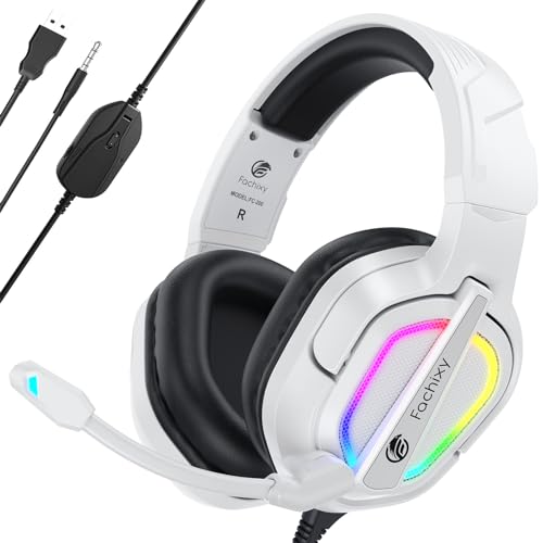 Fachixy「2024 New」FC200 Gaming-Headset für PS4/PS5/PC/Xbox One, Geräuschunterdrückung, Gaming-Kopfhörer, Headset mit Stereo-Mikrofon-Sound mit 3,5-mm-Klinkenstecker mit RGB-Licht - Weiß-Schwarz von Fachixy