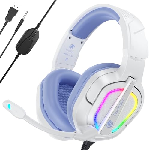 Fachixy「2024 New」FC200 Gaming-Headset für PS4/PS5/PC/Xbox One, Geräuschunterdrückung, Gaming-Kopfhörer, Headset mit Stereo-Mikrofon-Sound mit 3,5-mm-Klinkenstecker mit RGB-Licht - Weiß-Violett von Fachixy