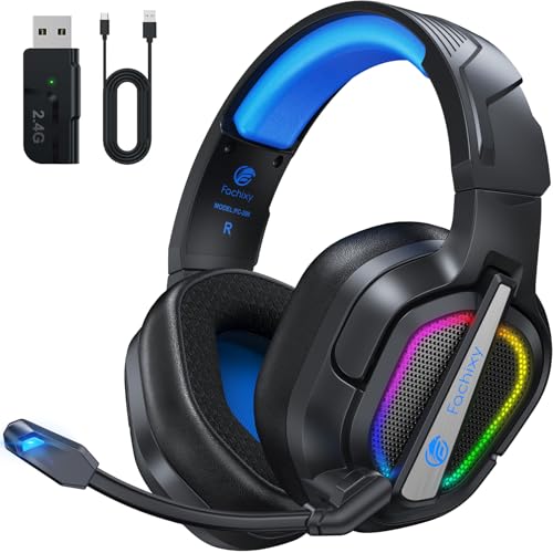 Fachixy「2025 Neu」FC200 Wireless Gaming Headset - 2.4GHz & Bluetooth Kopfhörer mit Mikrofon - 3D Stereo Sound & 40H+ Akkulaufzeit - Für PS4, PS5, PC, Mac, Tablets, Switch, Smartphones, schwarz-blau von Fachixy