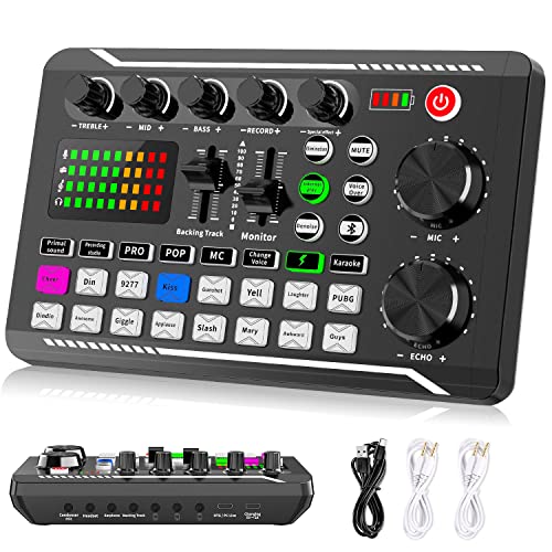 Facmogu F998 Live Sound Card Audio Mixer, Podcast Audio Interface mit DJ Mixer Effekten, Voice Changer mit Soundeffekten für Karaoke Tiktok YouTube Live Streaming Record Gaming von Facmogu