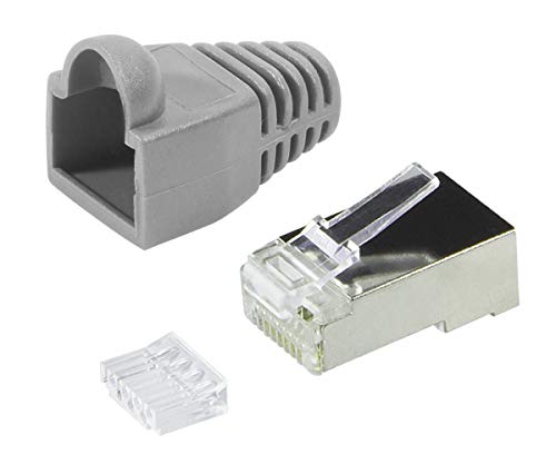 Faconet 20er Pack RJ45 Crimpstecker Netzwerkstecker CAT 5e CAT 6 STP geschirmt mit Einfädelhilfe und Hülle Knickschutz in Grau, Stecker für Patchkabel LAN Kabel von Faconet