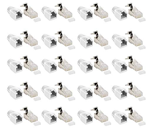 Faconet 20er Pack RJ45 Netzwerkstecker CAT 7A CAT 6A CAT7 Weiß bis10 Gigabit Crimp Stecker Modular Steckverbinder Knickschutz Hülle Verlegekabel Netzwerk LAN cat7 cat8.1 AWG23 Einführhilfe von Faconet