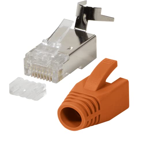 Faconet 20er Pack RJ45 Netzwerkstecker CAT 7A CAT 6A CAT7 bis 10 Gigabit Crimp Stecker Modular Steckverbinder Knickschutz Hülle Verlegekabel Netzwerk LAN orange cat7 cat8.1 AWG23 Einführhilfe von Faconet