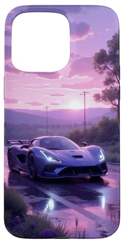 Blue Hypercar Sunset Drive: Malerisches Straßenabenteuer Hülle für iPhone 15 Pro Max von Fade Aura