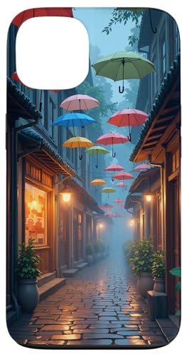 Bunte Regenschirme über der regnerischen Gasse bei Dämmerung Hülle für iPhone 13 von Fade Aura
