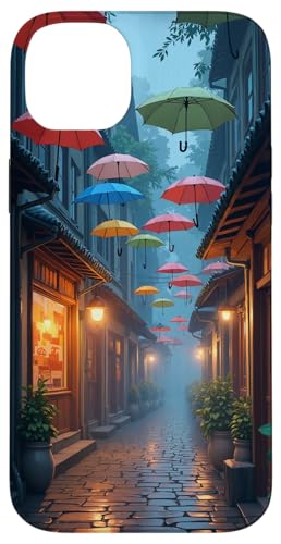 Bunte Regenschirme über der regnerischen Gasse bei Dämmerung Hülle für iPhone 14 Plus von Fade Aura
