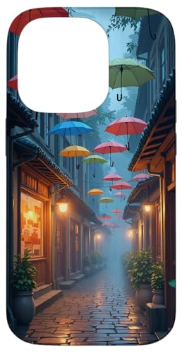 Bunte Regenschirme über der regnerischen Gasse bei Dämmerung Hülle für iPhone 14 Pro von Fade Aura
