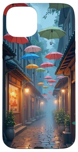 Bunte Regenschirme über der regnerischen Gasse bei Dämmerung Hülle für iPhone 15 Plus von Fade Aura