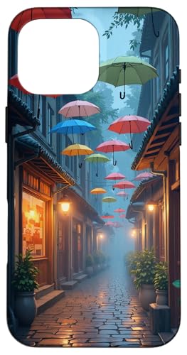 Bunte Regenschirme über der regnerischen Gasse bei Dämmerung Hülle für iPhone 16 Pro Max von Fade Aura