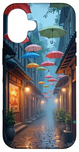 Bunte Regenschirme über der regnerischen Gasse bei Dämmerung Hülle für iPhone 16 von Fade Aura
