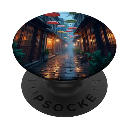 Bunte Regenschirme über der regnerischen Gasse bei Dämmerung PopSockets Klebender PopGrip Bunte Regenschirme über der regnerischen Gasse bei Dämmerung PopSockets Klebender PopGrip von Fade Aura