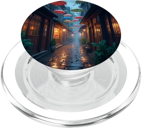 Bunte Regenschirme über der regnerischen Gasse bei Dämmerung PopSockets PopGrip für MagSafe von Fade Aura
