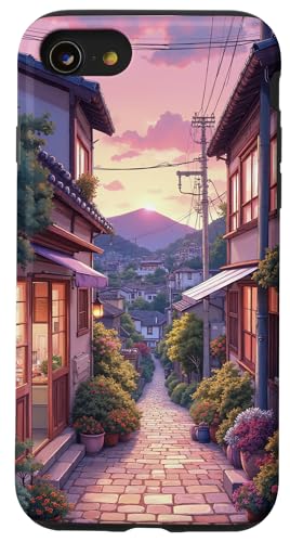 Charmante Sonnenuntergangsgasse mit Blumenläden Hülle für iPhone SE (2020) / 7 / 8 von Fade Aura