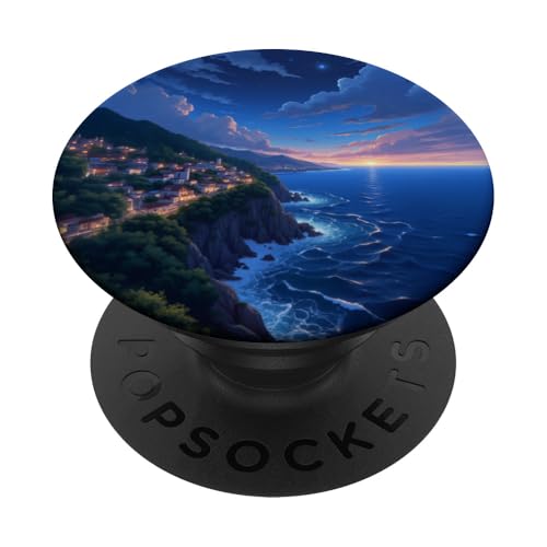 Dämmerung über dem Küstendorf und den Meereswellen PopSockets Klebender PopGrip von Fade Aura