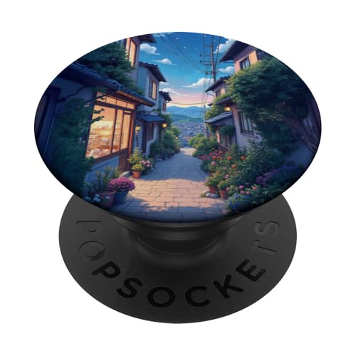 Friedliche Gasse mit Blumen und Blick auf die Berge PopSockets Klebender PopGrip von Fade Aura
