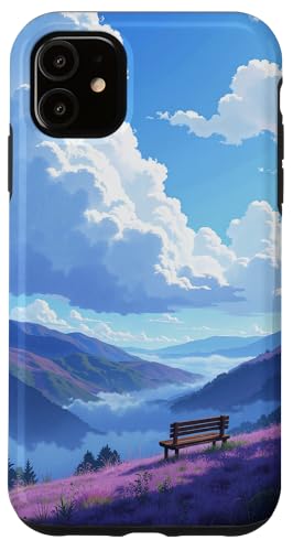 Friedlicher Blick auf die Berge mit Bank und blauem Himmel Hülle für iPhone 11 von Fade Aura