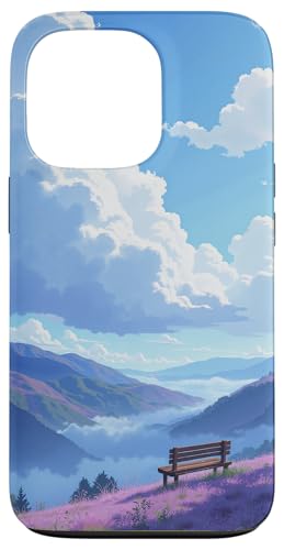 Friedlicher Blick auf die Berge mit Bank und blauem Himmel Hülle für iPhone 13 Pro von Fade Aura