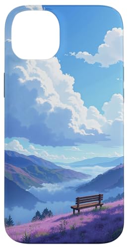Friedlicher Blick auf die Berge mit Bank und blauem Himmel Hülle für iPhone 14 Plus von Fade Aura