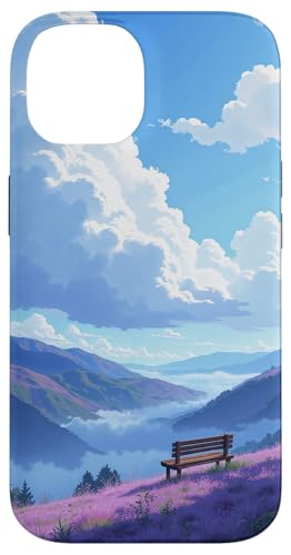 Friedlicher Blick auf die Berge mit Bank und blauem Himmel Hülle für iPhone 14 von Fade Aura