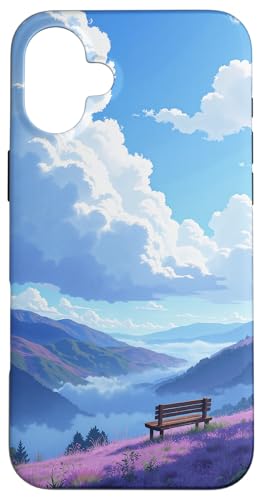Friedlicher Blick auf die Berge mit Bank und blauem Himmel Hülle für iPhone 16 Plus von Fade Aura