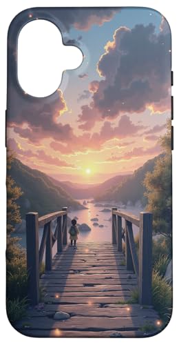 Kind auf Brücke bei Sonnenuntergang am Fluss Hülle für iPhone 16 von Fade Aura