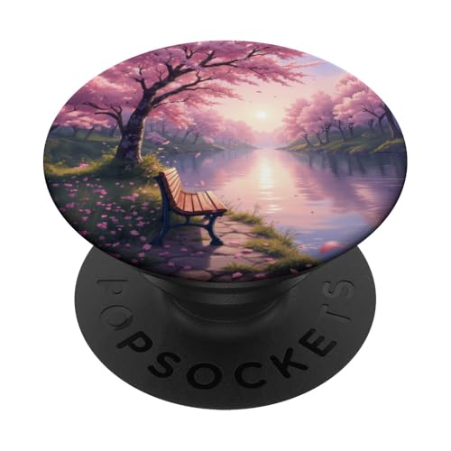 Kirschblüten-Bank-Szene von Riverside at Sunset PopSockets Klebender PopGrip von Fade Aura