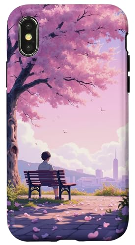 Kirschblüten-Parkblick mit Skyline der Stadt Hülle für iPhone X/XS von Fade Aura