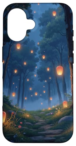 Laterne Waldweg mit Nebel und Glühwürmchen Hülle für iPhone 16 von Fade Aura