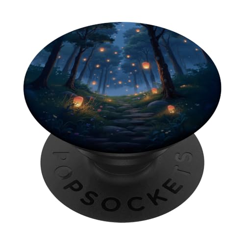 Laterne Waldweg mit Nebel und Glühwürmchen PopSockets Klebender PopGrip von Fade Aura