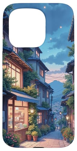 Mondbeschienene Gasse mit gemütlichen Geschäften und Blumen Hülle für iPhone 15 Pro von Fade Aura
