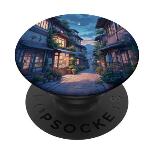 Mondbeschienene Gasse mit gemütlichen Geschäften und Blumen PopSockets Klebender PopGrip von Fade Aura