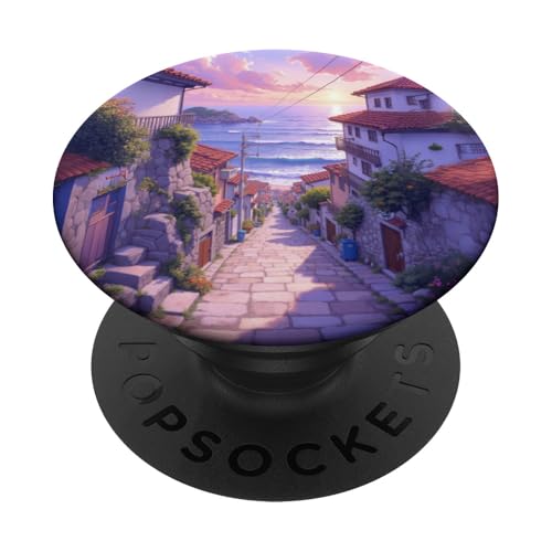 Seaside Village Sunset Street Coastal Art Szene PopSockets Klebender PopGrip von Fade Aura