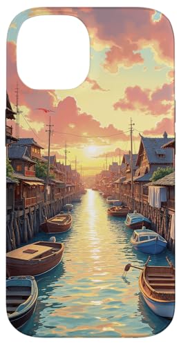 Sonnenuntergang über Kanalstadt und Booten aus Holz Hülle für iPhone 14 von Fade Aura